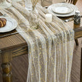 Artoid Mode 3Pcs Beige Gold Gauze Table Runner 120 Inch 10FT, Glitter Metallic Foil Sheer Dining Wedding Anniversary Holiday Birthday Table Decor for Home Party