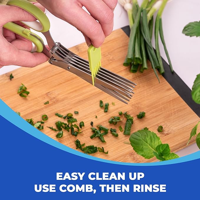 Jenaluca 5 Blade Herb Scissors - Cut & Chop Fresh Herbs & Leafy Greens - Salad Scissors - Stainless Steel Kitchen Shear Set with Cleaning Comb & Safety Cover - Kitchen Gadget - Green