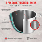 Stainless Steel Stockpot with Tempered Glass Lid 3 Quart, Durable 18/0 Stainless Steel, Impact-Bonded Base for Even Heating, Riveted Handles, Oven & All Stove Compatible, Safe Up To 500°F (260°C)