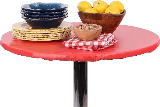 Yourtablecloth Heavy Duty Vinyl Round Fitted Tablecloth (Table Cover) with Flannel Backing Vibrant Colors Elasticized Tablecloth Great for Indoor and Outdoor Dining and Playing Cards 48” Camel Print