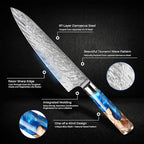 SENKEN 7-Piece Damascus Kitchen Knife Set - Tsunami Collection - 67-Layer Japanese VG10 Steel - Chef's Knife, Cleaver, Santoku, Bread, Boning, & More