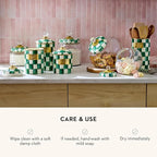 MACKENZIE-CHILDS Small Kitchen Canister, Decorative Glass Storage Jar with Lid, Green-and-White Emerald Check