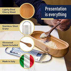 Cheese Grater with Container - Stainless Steel Cheese Grater with Cherrywood Serving Bowl - Fine Shredder Kitchen for Hard Cheese, Spices, and Zesting - Italian Kitchen Gadgets by Kings County Tools