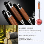 18/10 Stainless Steel Kitchen Utensils Set with Wooden Handle for Cooking 9 PCS with Solid and Slotted Spoon, Fork, Spatula, Ladle, Skimmer, Slotted Tunner, Spaghetti and Large Spoon
