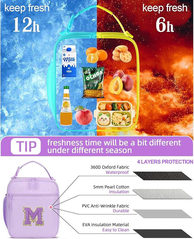 Initial Insulated Lunch Bag for Girls Kids, Back to School Gift, Reusable Leak-proof Lunch Box with Adjustable Strap for School Daycare Travel Picnic (Purple,M)