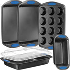NutriChef 6-Piece Baking Pan Set - Carbon Steel Stackable Bakeware with Blue Silicone Handles & Nonstick Coating, Includes Cookie Sheets, Roaster Pan with Lid, Loaf Pan, and 12 Cup Muffin Pan (Gray)