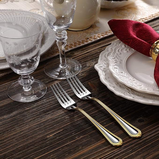 KEAWELL Pearl Edge Premium 45-Piece Refined Bead Silverware Set, 18/10 Stainless Steel, Service for 8, Fine Flatware Set with Serving Utensils, Dishwasher Safe (45, Gold Accent)