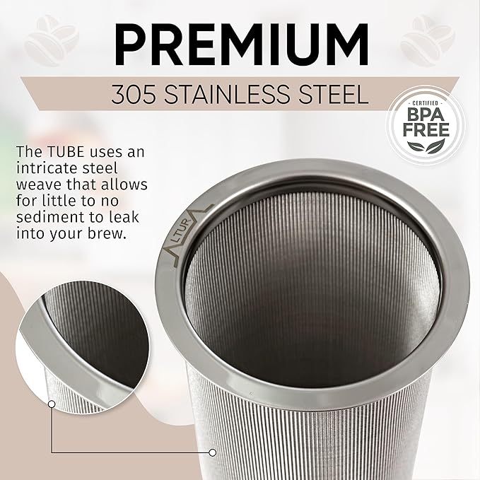 Altura The TUBE+ Cold Brew Coffee Maker and Tea Infuser for Wide Mouth Mason Jars - Stainless Steel Cold Brew Filter Strainer for Iced Coffee, Fruit Water & More - (64oz/2qt)