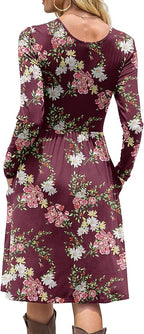 DB MOON Women Casual Long Sleeve Dresses Empire Waist Knee Length Loose Dress with Pockets