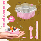 50 Pcs Mini Cake Pans with Lids and Spoons Aluminum Foil Mini Square Baking Cups with Lids Disposable Ramekins Cake Pans Dessert Cups for Wedding Birthday Party(Pink,5oz)