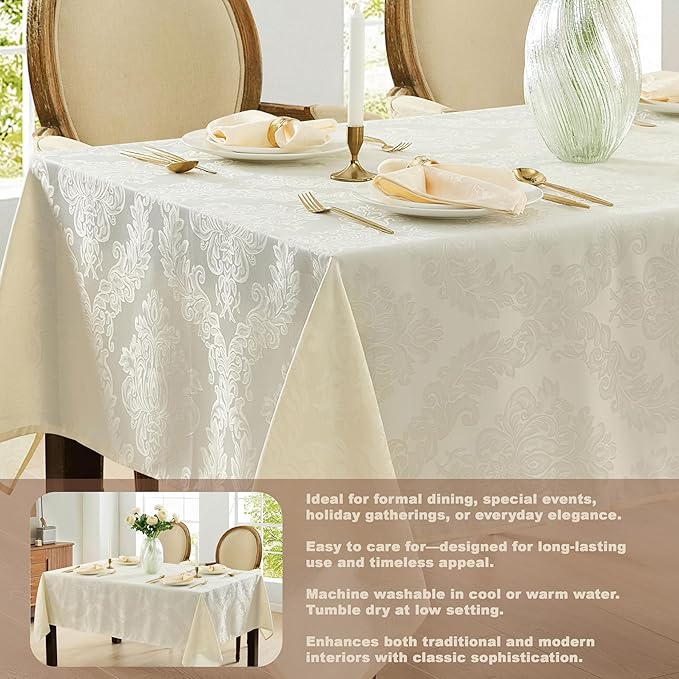 Newbridge Barcelona Luxury Damask Fabric Tablecloth, 70” Extra Wide x 90” Rectangle, Antique White, 100% Polyester, No Iron, Soil Resistant Dining Room, Party and Banquet Table Cover