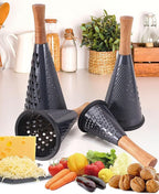 Cone Cheese Grater with Handle Stainless Steel Grater Triple Function Wood Handle Shredder Non-Slip Rubber Bottom Hand Held Multifunction Vegetables Grater Black 4-Size (Size L: 10.6" X 4.7" Black)