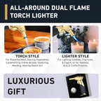 Dual Flame Butane Torch Gun - Refillable Luxury Hand Held Mini Blow Torch for Cooking, Creme Brulee, Soldering, Welding, & Resin Art - Adjustable Flame with Ignition Lock - Gold Black by inZaynity