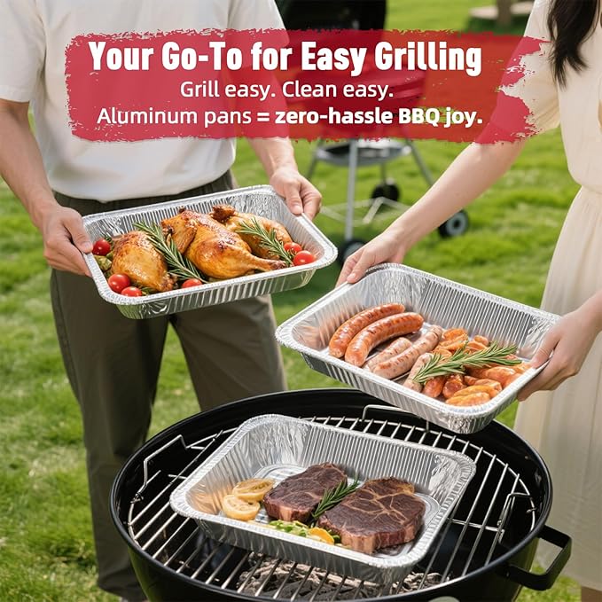 Aluminum Pans Half Size, 9x13, Heavy Duty Disposable Foil Pans for Baking, Roasting, Cooking, Heating, Storing, Deep Tin Foil Bakeware for Oven, Steam Table Tray, Cookware, Food Prepping (60 Pack)