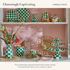 MACKENZIE-CHILDS Enamel Pedestal Platter, Round Cake Stand, Small, Green-and-White Emerald Check