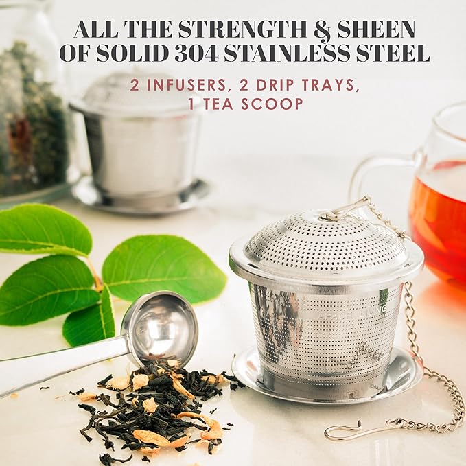 Large Tea Infuser (Set of 2) with Tea Scoop and Drip Trays by Apace – Multi Cup Size Stainless Steel Loose Leaf Tea Strainer and Steeper