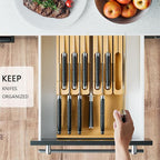 Domax Bamboo In-drawer Knife Block - Knife Drawer Organizer Insert Large Handle Steak Knife Holder, Kitchen Drawer Knife Organizer Fits for 12 knives and 1 Sharpening Steel (Not Included)
