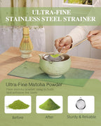 ZENS Matcha Whisk Set, Ceramic Matcha Tea Set with 15oz Sakura Bowl and Bamboo Whisk & Scoop, (Chasen Holder), Stainless Sifter-Tea Towel, 6pcs Matcha Kit for Matcha Lovers, Green