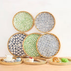 Round Rattan Tray with Mother of Pearl Inlay, Rattan Serving Tray with Wooden Base, Decorative Wicker Basket for Table Decor, Storage and Display of Coffee Bread Food Fruit (Checkerboard 11.8")
