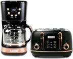 Haden Heritage 4 Slice Wide Slot Stainless Steel Toaster Bundled with 12 Cup Programmable Drip Coffee Maker Coffee Machine, Black & Copper