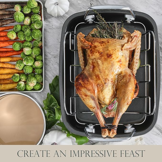 KITESSENSU Nonstick Turkey Roasting Pan with Rack 17 x 14 inch - Large Chicken Roaster Pan for Oven - Wider Handles & Heavy Duty Construction - Suitable for 24lb Turkey, Gray