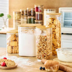 Extra Large Square Glass Flour & Sugar Storage Containers with Airtight Lids, 168oz & 84oz - 2 Pack Glass Jars with Bamboo Lids, Air tight Pantry Food Storage Containers for Cereal, Pasta, Rice
