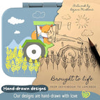 BEARFOOT Kids Lunch Box with Compartments – Compact & Lightweight | Leak-Proof, BPA-Free, Dishwasher & Microwave Safe | Hand-Drawn Design for Preschool, School, Travel (Tractor Fox Blue, 4 Cups)