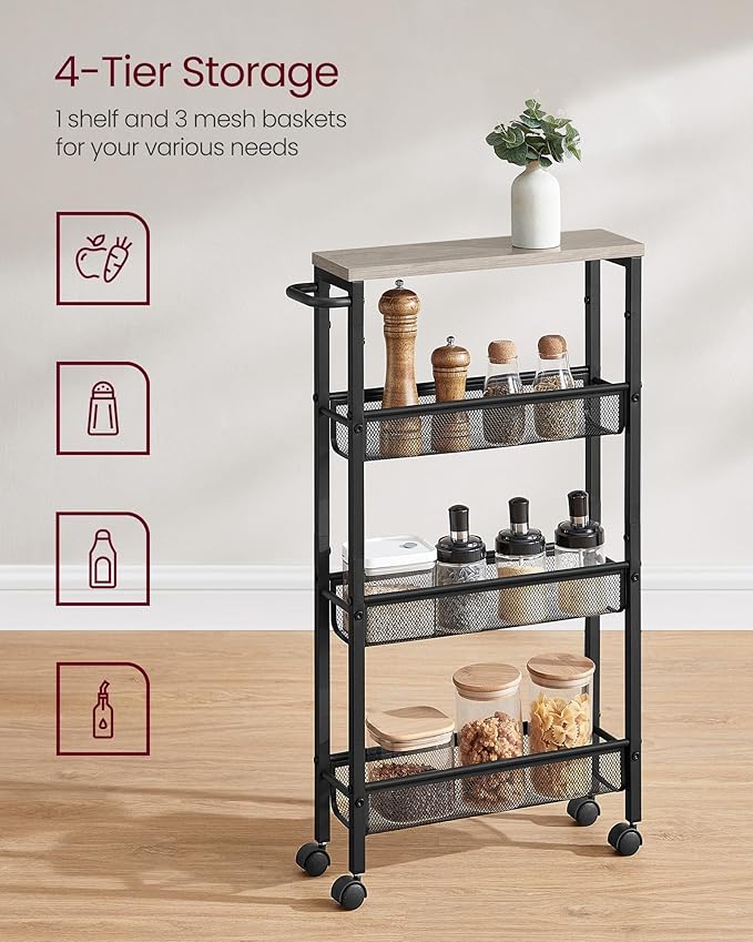 VASAGLE Slim Rolling Cart, 4-Tier Storage Cart, Narrow Cart with Handle, 5.1 Inches Deep, Metal Frame, for Kitchen, Dining Room, Living Room, Home Office, Heather Greige and Classic Black ULRC032K01