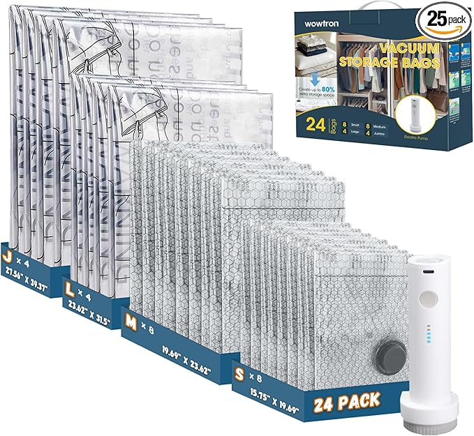 24PCS Vacuum Seal Bags for Clothing with Electric Pump - 8 Small, 8 Medium, 4 Large, 4 Jubom - Space Saver Vacuum Storage Bags for Bedding, Blanket, Pillow, Comforter, Travel, Seasonal Storage