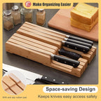 Bamboo Knife Block and In-Drawer Storage, Display Stand and Organizer, In-Drawer Knife Drawer Organizer Holds Up To 7 Knives and 1 Sharpener(Not Included)