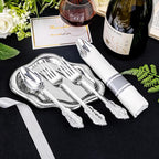 Liacere 400PCS Silver Plastic Silverware - Pre Rolled Napkins Disposable Silver Cutlery-Premium Quality Gold Plastic Utensils - Includes 100Forks,100Knives,100Spoons,100Napkins&Christmas