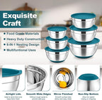 TeamFar Mixing Bowls, 6 PCS Stainless Steel Nesting Salad Bowl with Lids & 3 Graters, For Kitchen Cooking Serving Prepping, Airtight & Non-Slip, Size 4.6/3.5/2/1.5/1/0.7 QT, Blue