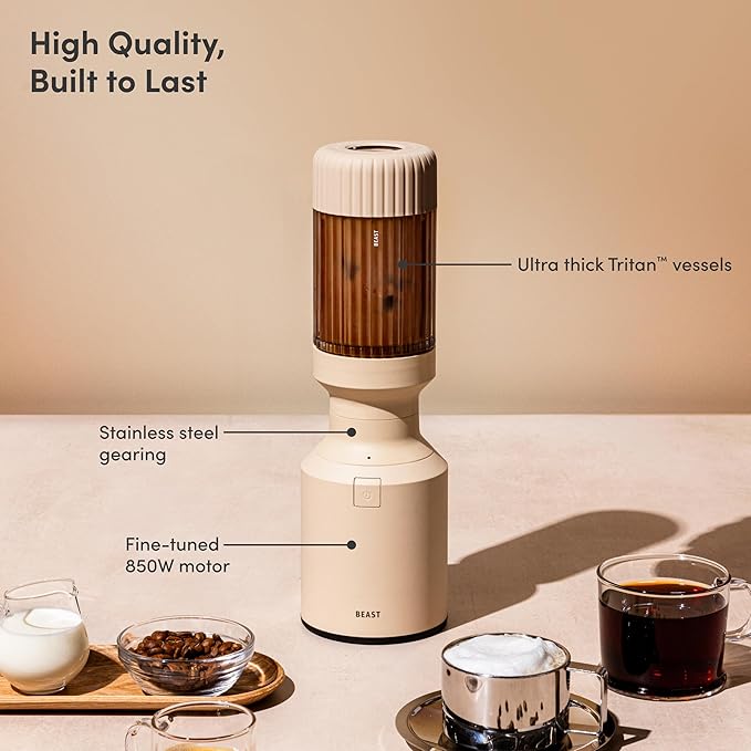 Beast Mighty 850 Plus | Premium Compact Personal Blender | Smoothies, Shakes, Dressings, Sauces | Blends Ice and Frozen Fruit | New XL Vessel | Extra Vessels, Lids and Straws | 850W (Sand)