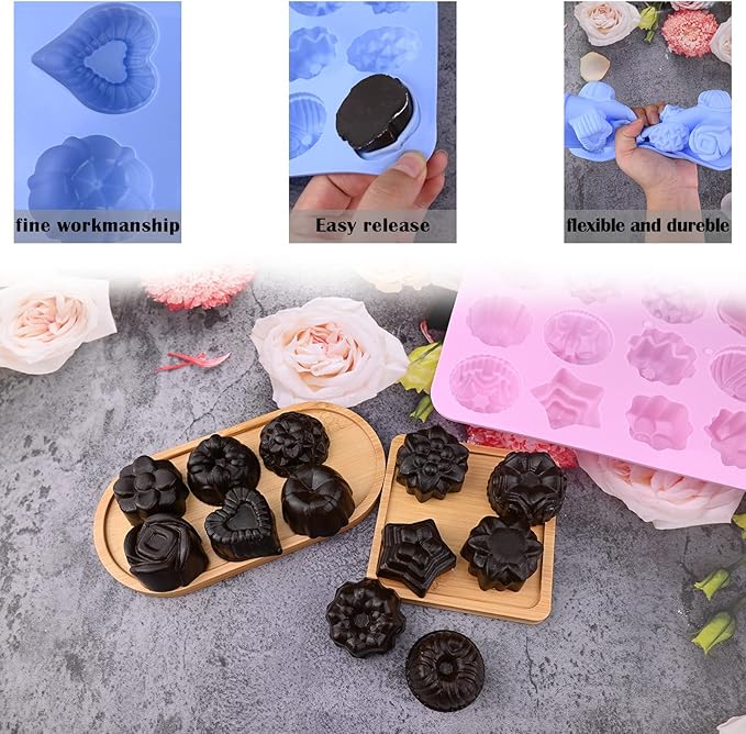Sakolla 3 Pack Flower Soap Molds, 12 Cavities Different Shapes Silicone Molds for Soap, Lotion Bar, Bath Bombs, Chocolate, Candy