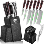 FULLHI 8pcs block Knife Set,chef's Knves Set with Block and Sharpener, Kitchen Knife Set,Multi-colour Handle, Gifts for Men Women