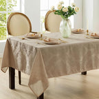 Newbridge Barcelona Luxury Damask Fabric Tablecloth, 52” Wide x 52” Square, Golden Beige, 100% Polyester, No Iron, Soil Resistant Dining Room, Party and Banquet Table Cover