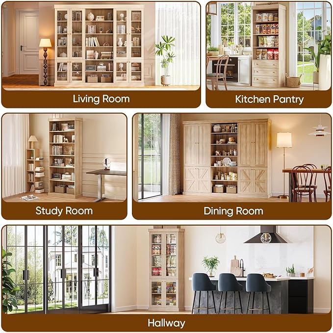 70.8" Tall Brown Bookshelf, Farmhouse Modular Bookcase with 6-Tier Adjustable Shelves, Large Storage Cabinet for Home Office, Living Room