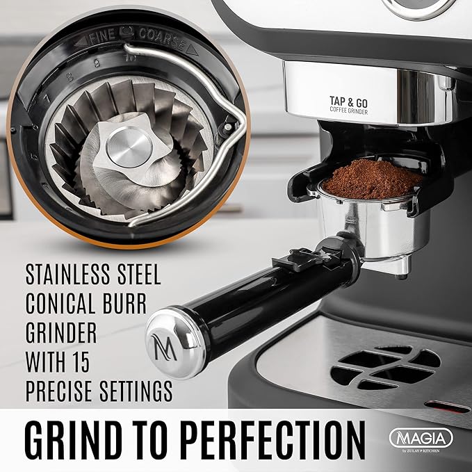 Zulay Kitchen Magia Manual Espresso Machine with Grinder and Milk Frother - 15 Bar Pressure Pump Cappuccino Machine - Latte Machine - & Extra Large 2L Removable Water Tank