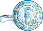 LEHAHA Melamine Pasta Bowls, Set of 6 9.25 inches 42 OZ Large Salad Serving Bowls, Coastal Melamine Dinner Deep Plates, Lightweight Soup/Cereal/Noodle Bowls set, Dishwasher Safe,Oceanic Design…