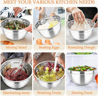 TeamFar Mixing Bowls, Stainless Steel Nesting Salad Bowls with Lids Set & 3 Grater Attachments, For Mixing/Serving/Storing, Non-toxic & Long-lasting, Size 4.6/3 / 1.5 QT, Colorful