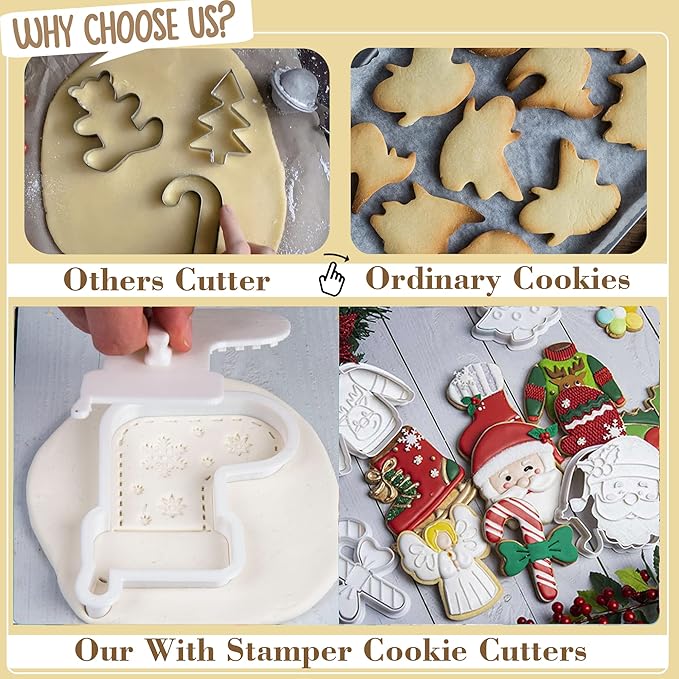 Flycalf Christmas Cookie Cutters Reindeer Shapes with Plunger Stamps Holiday PLA Baking Accessories Cutter Molds Gifts Decorative Party 3.5" Kitchen Cake Supplies