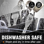 Walfos Whisk,304 Stainless Steel whisk,No-Rust 7+9+11inch Whisks for cooking Nice for Blending,Whisking,Beating.Heat resistant 600°F Dishwasher Safe. Heavy duty kitchen whisk.17.7+22.8+27.9cm -SILVER