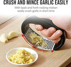 Stainless Steel Garlic Press Rocker Set - Heavy Duty Garlic Mincer, Crusher & Chopper with Silicone Peeler, Cleaning Brush - Effortless Smasher and Grinder Tool for Easy Kitchen Prep (Black)