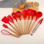 Silicone Cooking Utensils Set, Premium Beech Wood Handle Kitchen Gadgets Utensil Set, Non-Stick Kitchen Utensils Spatula, Tongs, Turner, Whisk, Brush, Spoon, BPA FREE, 446°F Resistant (Red)