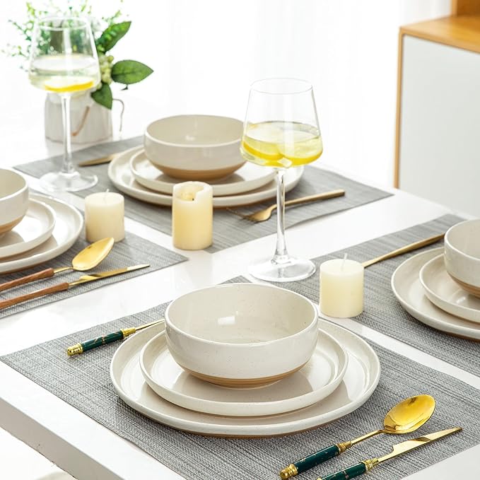 AmorArc Ceramic Dinnerware Sets, Handpainted Plates and Bowls Set with Rustic Terracotta Underside, Scratch Resistant Stoneware Dishes Set, Dishwasher & Microwave Safe