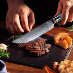 SENKEN Damascus Steak Knife Set - Tsunami Collection - 67-Layer Japanese VG10 Steel - Razor Sharp Non-Serrated Blades, Blue Resin & Natural Wood Pattern Handles, Luxury Gift Box (6 Steak Knife Set)