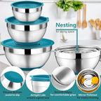 P&P CHEF Mixing Bowl with Lids Set of 3, Stainless Steel Nesting Salad Bowls for Serving Preparing, 3 Grater Attachments & Non-Slip Bottoms, Size 1.5/2.6/4.6 QT, Blue