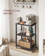 VASAGLE Kitchen Shelf on Wheels, Serving Cart with 3 Shelves, Kitchen Cart, Microwave Shelf, for Mini Oven, Toaster, with 6 Hooks, Industrial Stylee, Ebonized Oak Finish and Black UKKS060B42
