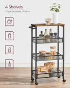 VASAGLE Slim Rolling Cart, 4-Tier Storage Cart, Narrow Cart with Handle, 8.7 Inches Deep, Metal Frame, for Kitchen, Dining Room, Living Room, Home Office, Rustic Brown and Classic Black ULRC033B01