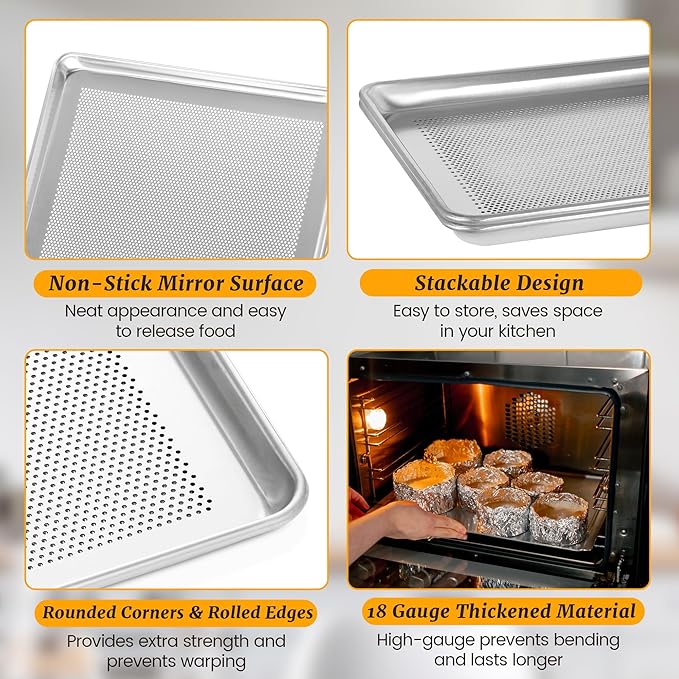 12 Pack Full Size Aluminum Perforated Baking Sheet Pan, 26"×18" Cookie Sheets For Oven in Bakery, Restaurant & Kitchen